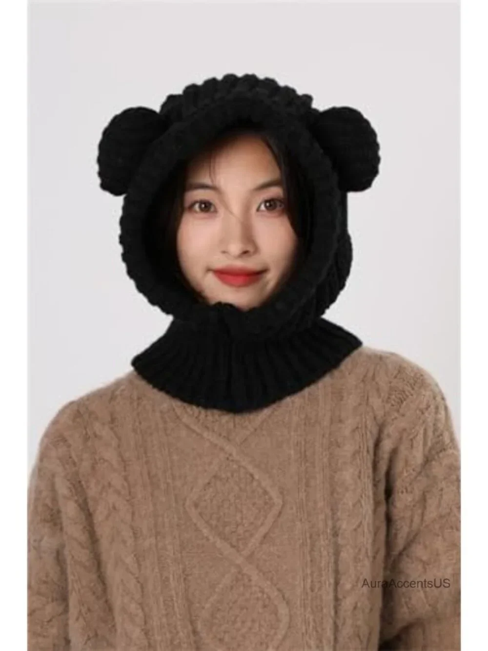 Knit Winter Hat Women Cute Bear Balaclava Warm Hooded Scarf Beanie Skull Cap